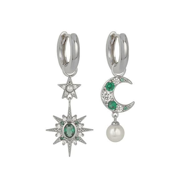 Luna Mismatch Moon & Star Huggies In Emerald CZ & Silver