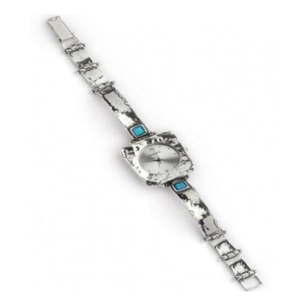 Ladies Handmade Silver Watch With Square Case With Opal Stones