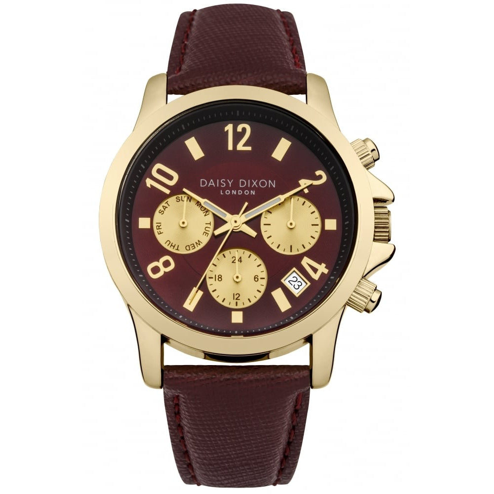 Adriana Bordo Leather Strap Watch With Sunray Deep Red Dial