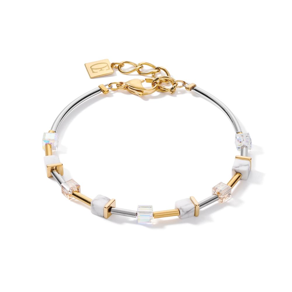 Small Gold -White-Silver Geo Cube With Crystals Pave Bracelet