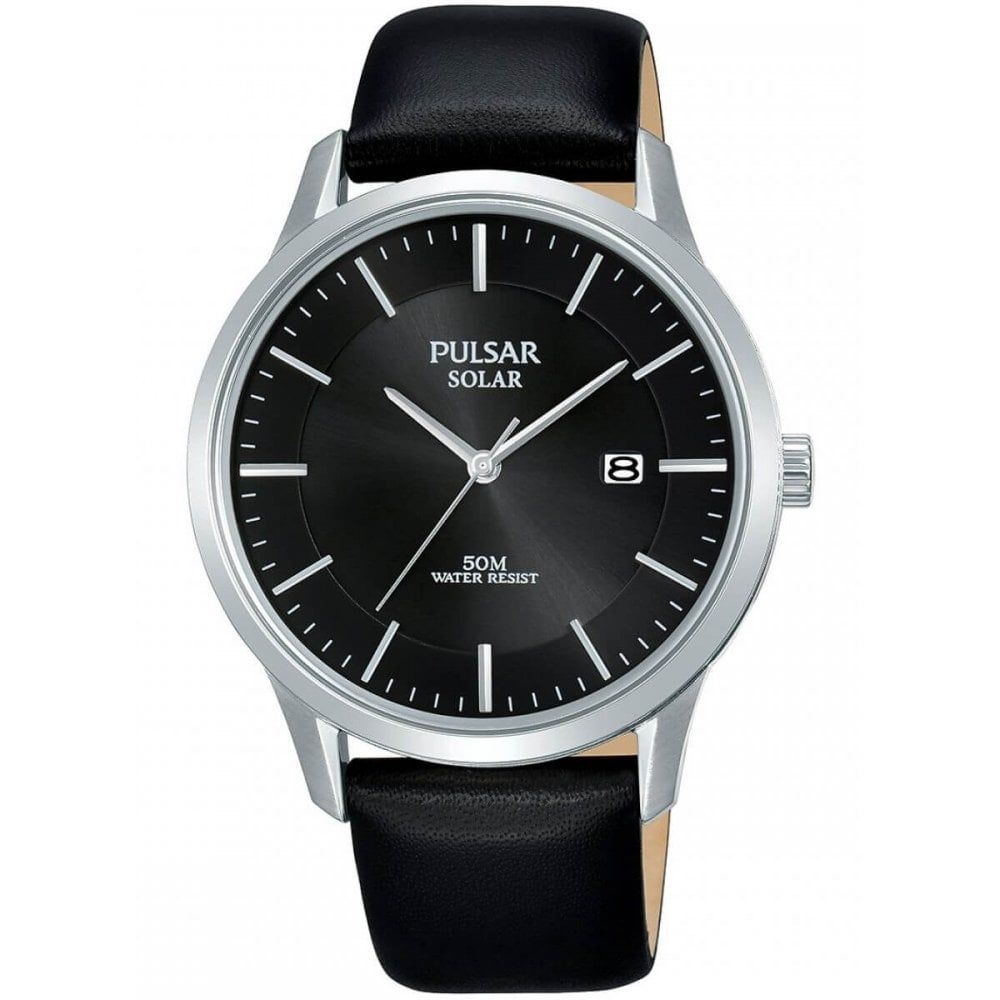 Stainless Steel Case With Black Date Display Dial & Black Leather Strap, Solar Powered Gents Watch
