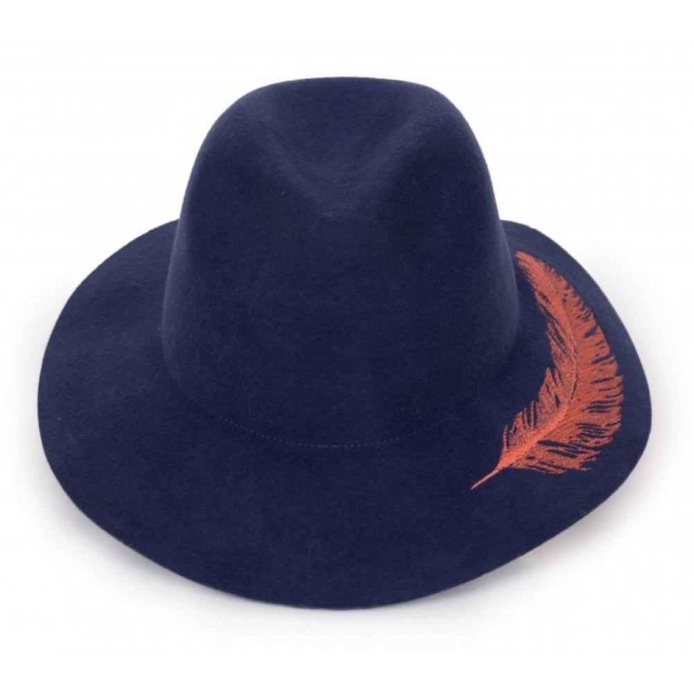 Wool Hat Embroid Feather - Royal Blue
