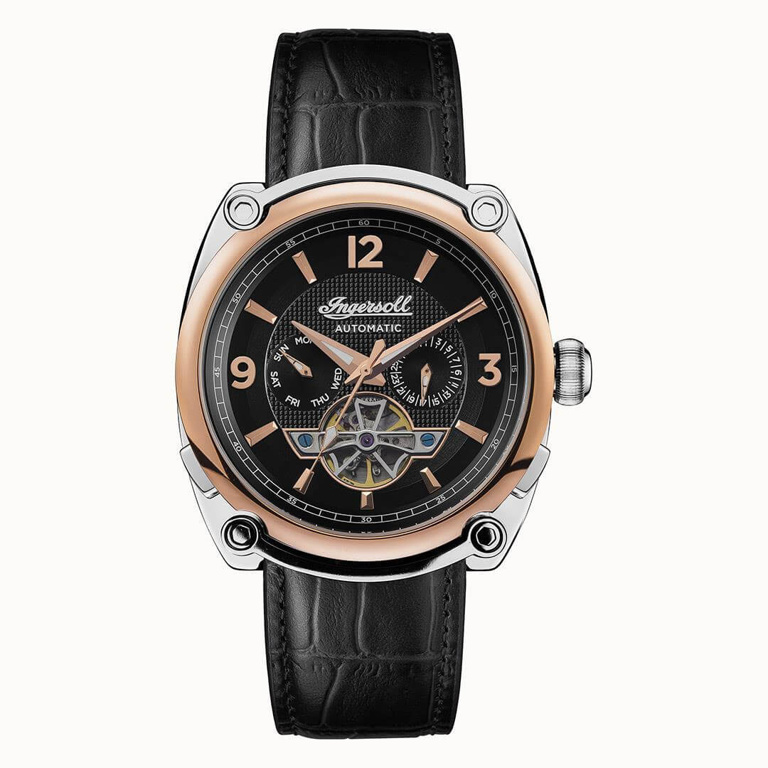 The Michigan Automatic Two Tone Day/Date Black Leather Watch