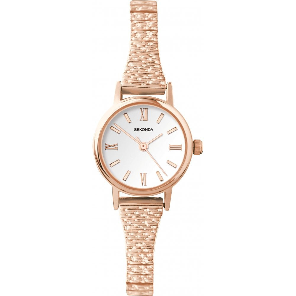 Rose Gold Plated Expander Bracelet Strap & Case With White Dial Ladies Watch