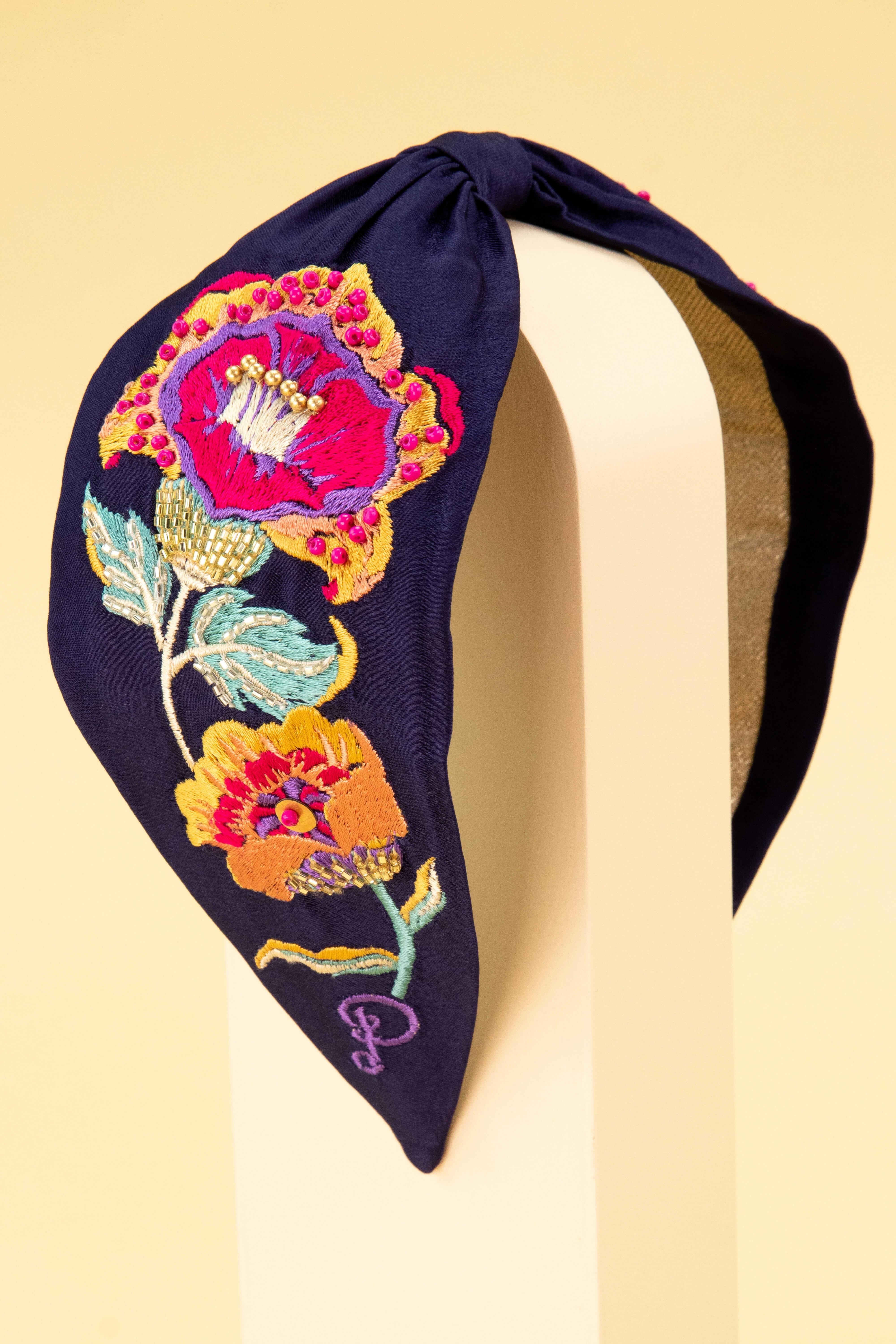 Fantasy Floral Embroidered Headband - Navy