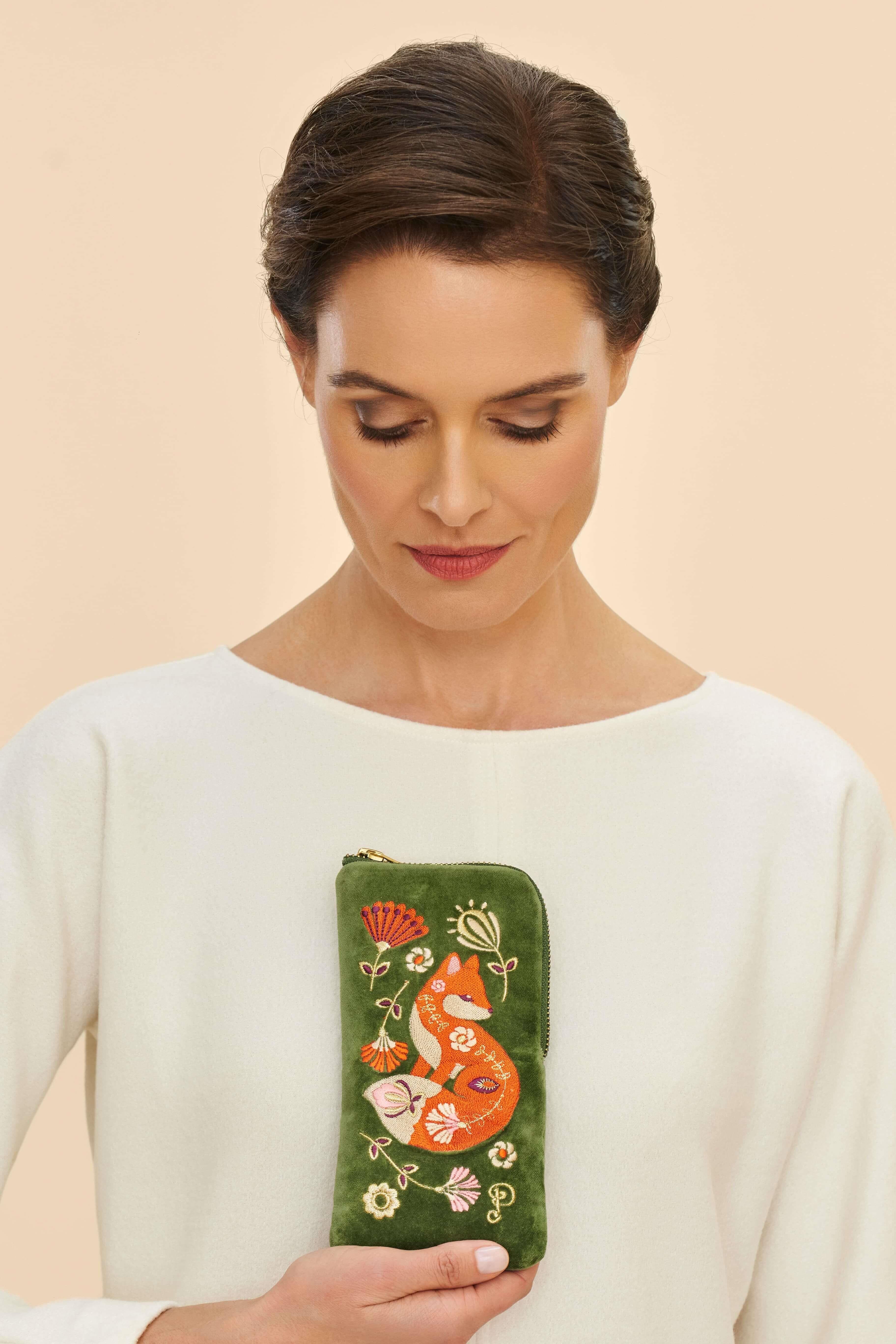 Velvet Embroidered Glasses Pouch - Scandinavian Fox