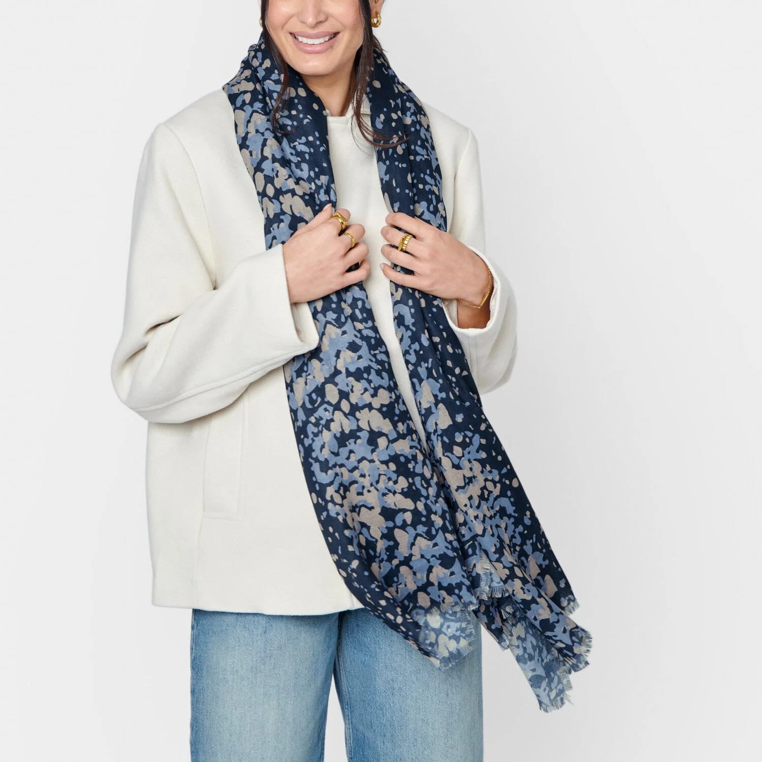 Scattered Dot Printed Scarf In Navy, Black & Taupe