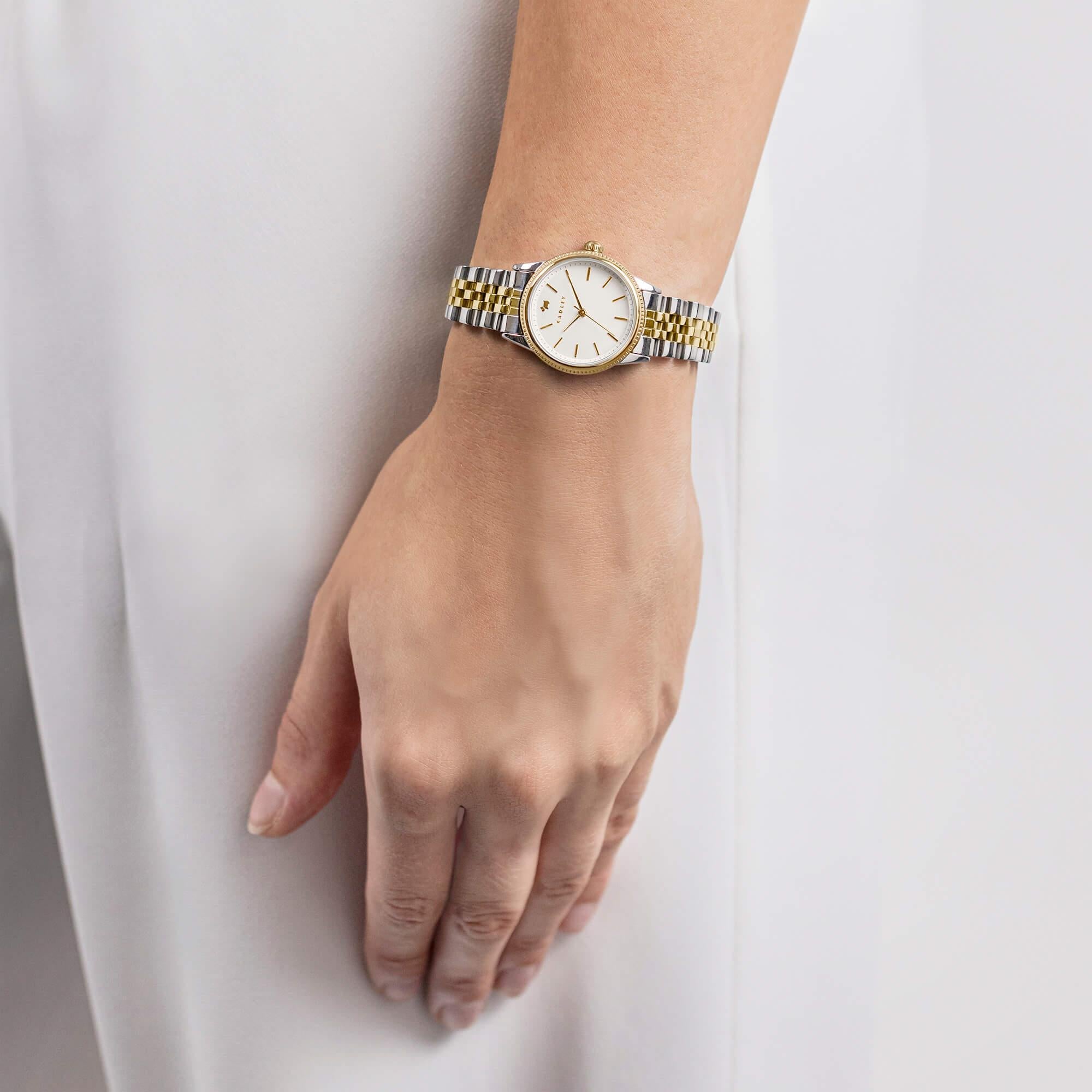 Two Tone Silver & Gold Plated Coin Edge Bezel Bracelet Watch