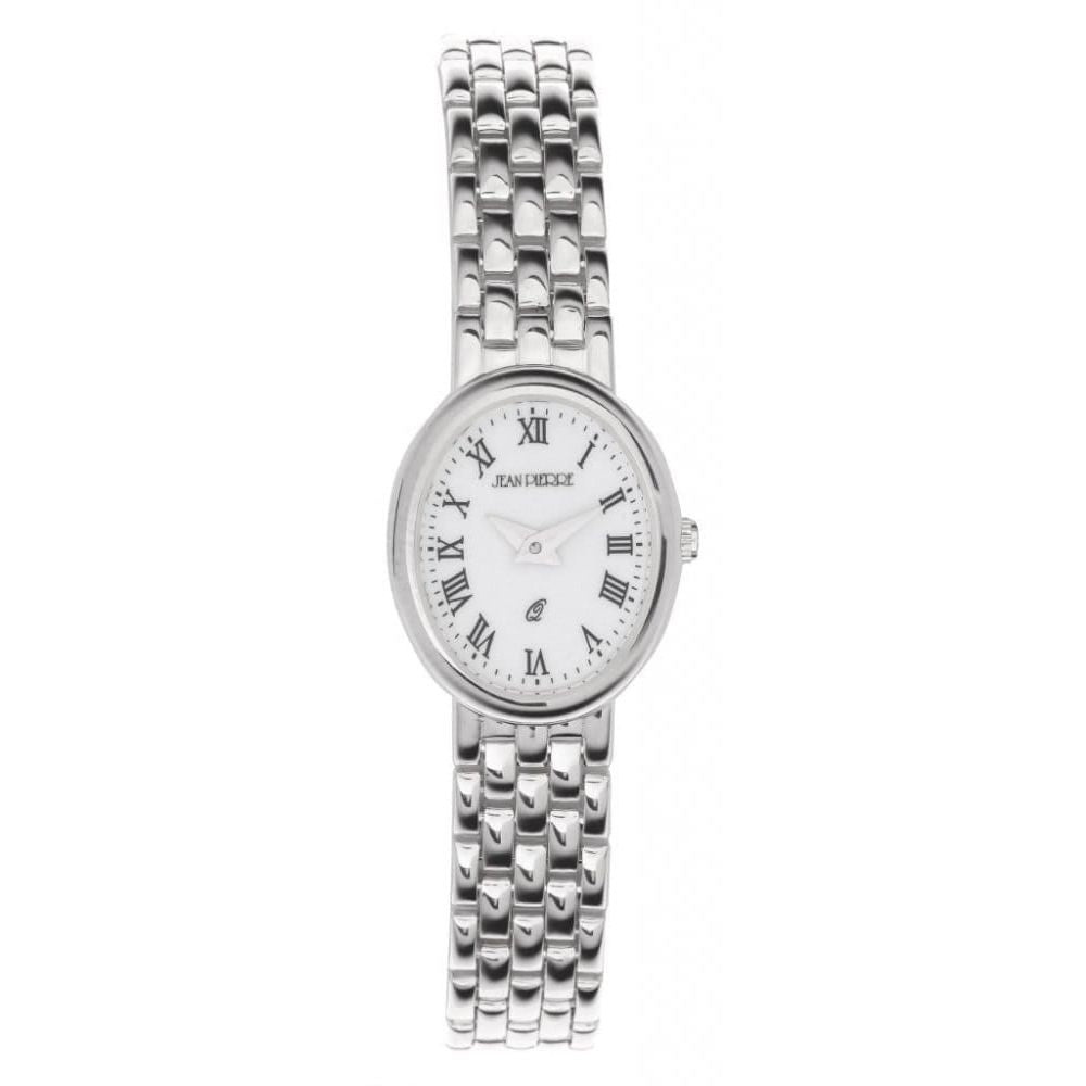 Ladies Sterling Silver White Dial Oval Polished Link Bracelet Watch