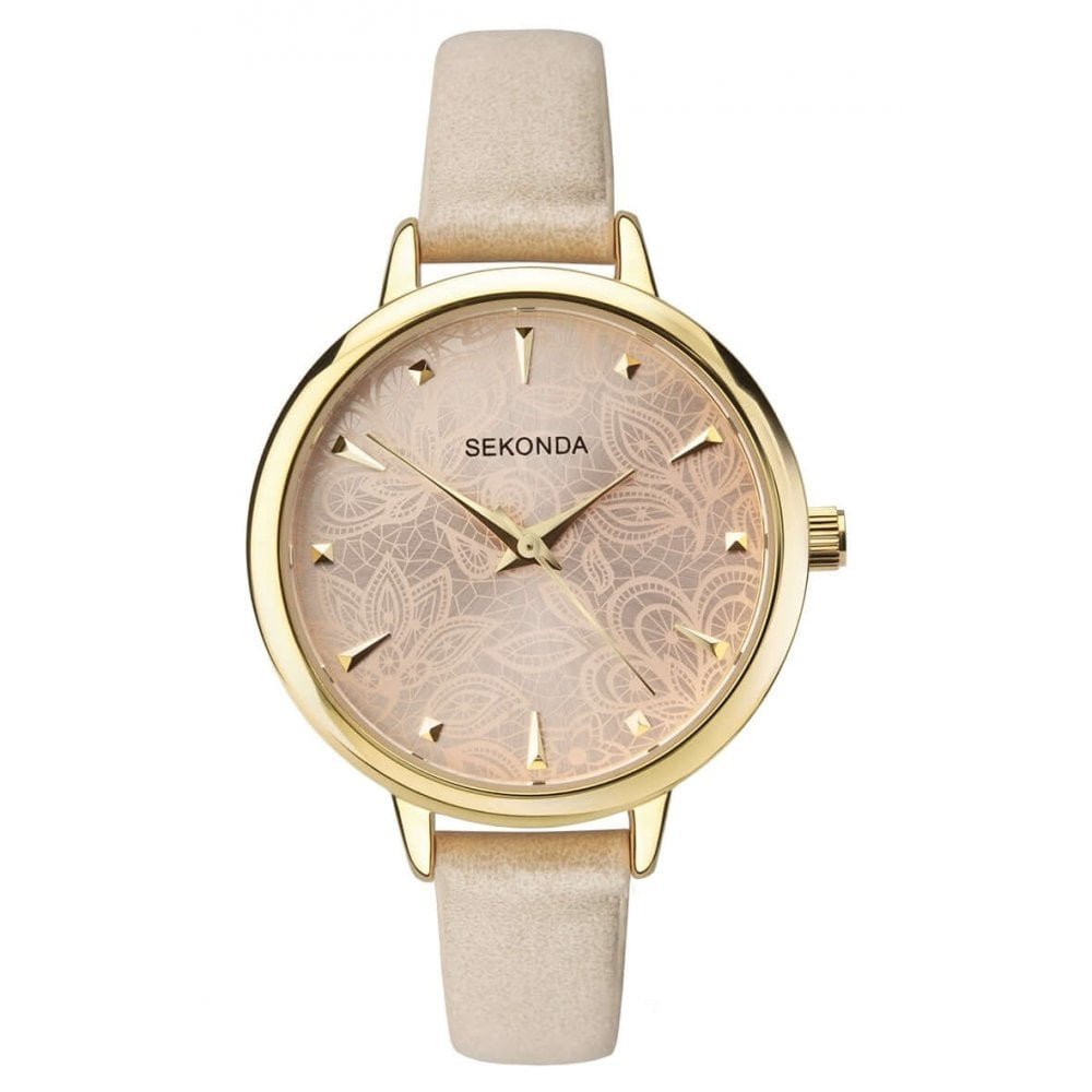 Gold Plated Case With Lace Patterned Champagne Dial & Beige PU Strap Ladies Watch