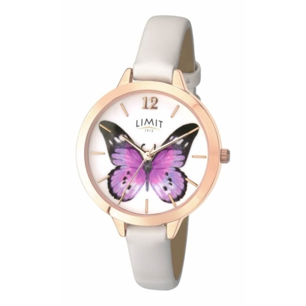 Rose Gold Tone Butterfly Print Dial & White PU Strap Ladies Watch