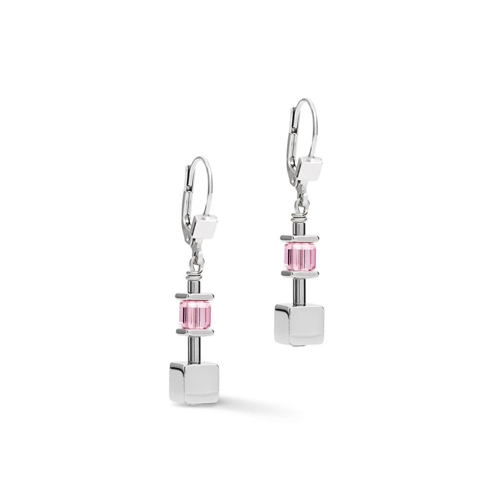 Silver Light Rose Geo Cube & Chain Pierced Earrings