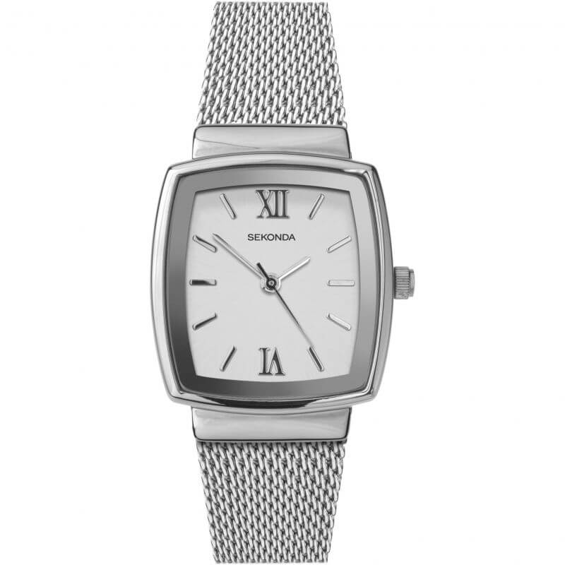 Stainless Steel Square White Dial & Mesh Bracelet Strap Ladies Watch