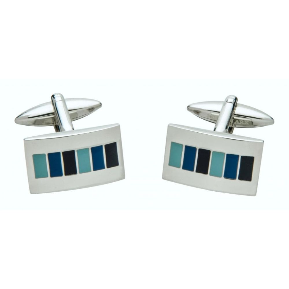 Brass Square Cufflinks With Striped Enamel Pattern In Blue & Black