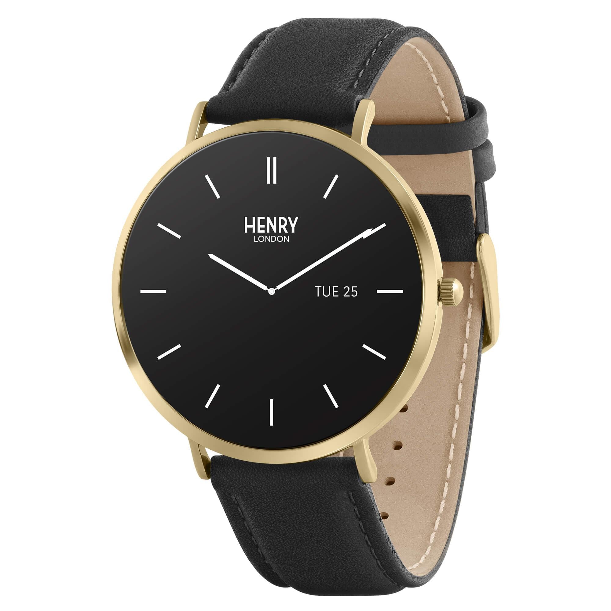 Smart Amoled Gold & Black Leather Strap Watch