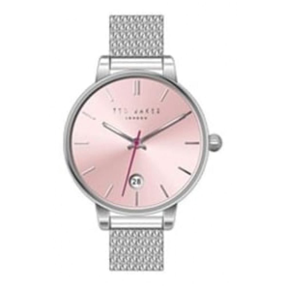 Stainless Steel Case With Pink Dial, Date Window & Mesh Bracelet Strap Ladies Watch