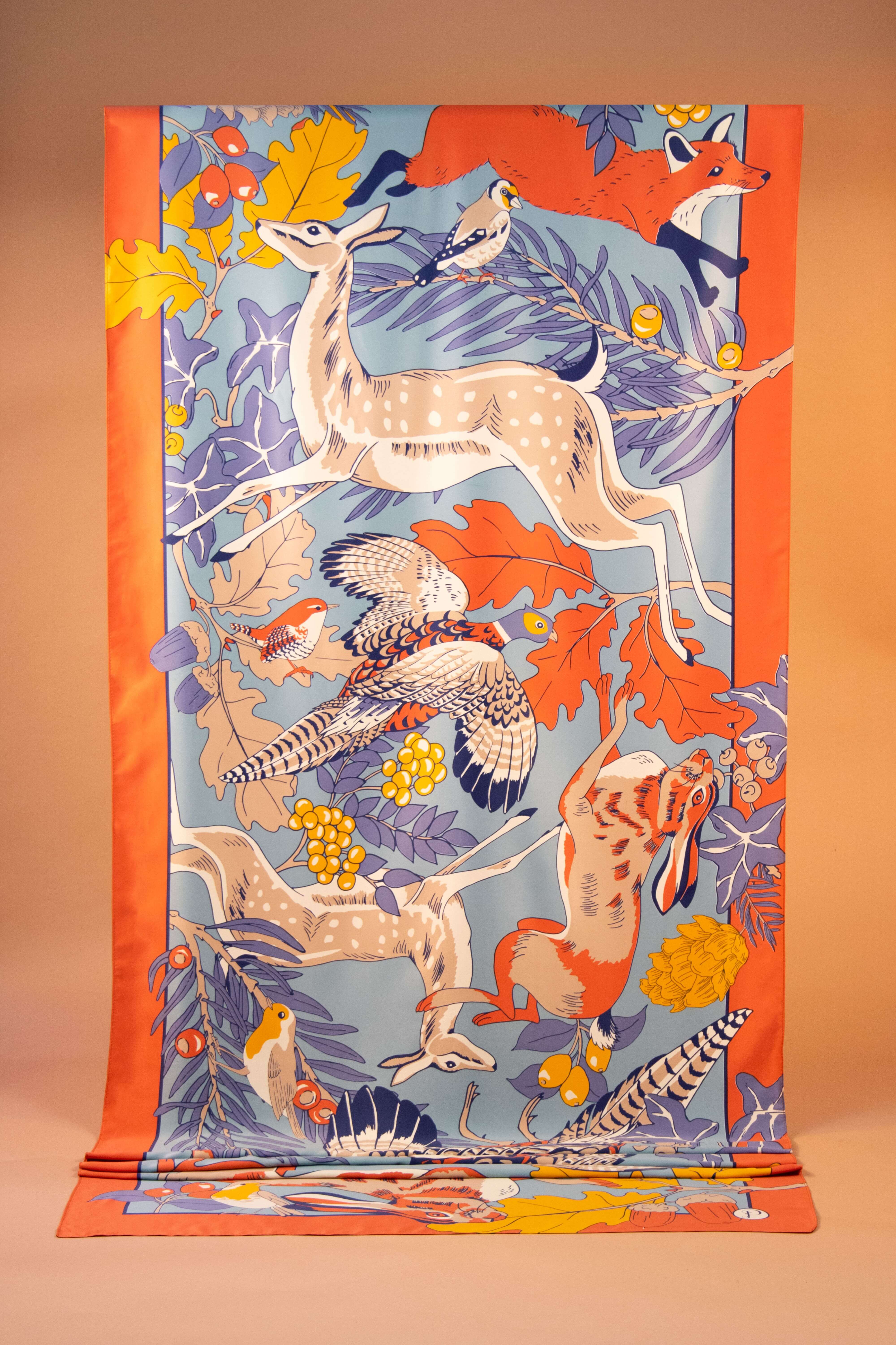 Woodland Chums Long Satin Print Scarf- Blue/Tangerine