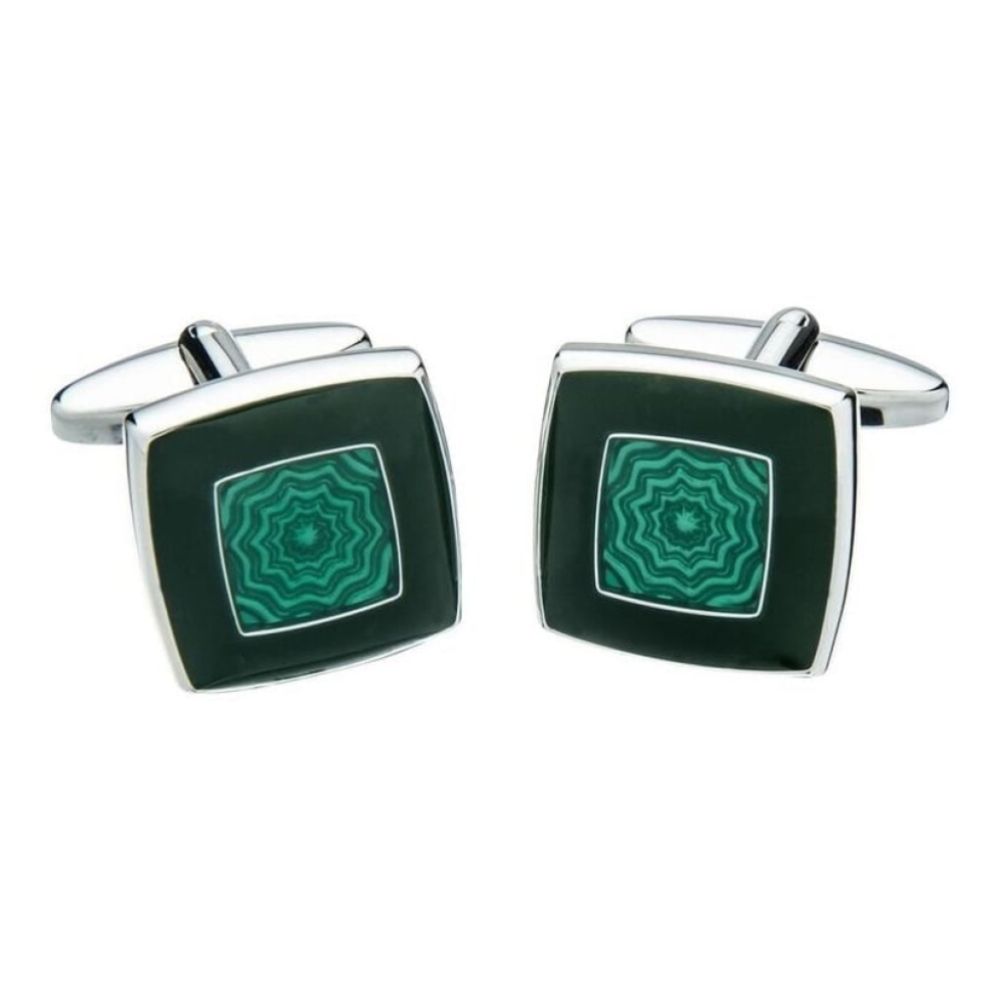 Brass Silver Square Cufflinks With Black & Green Enamel