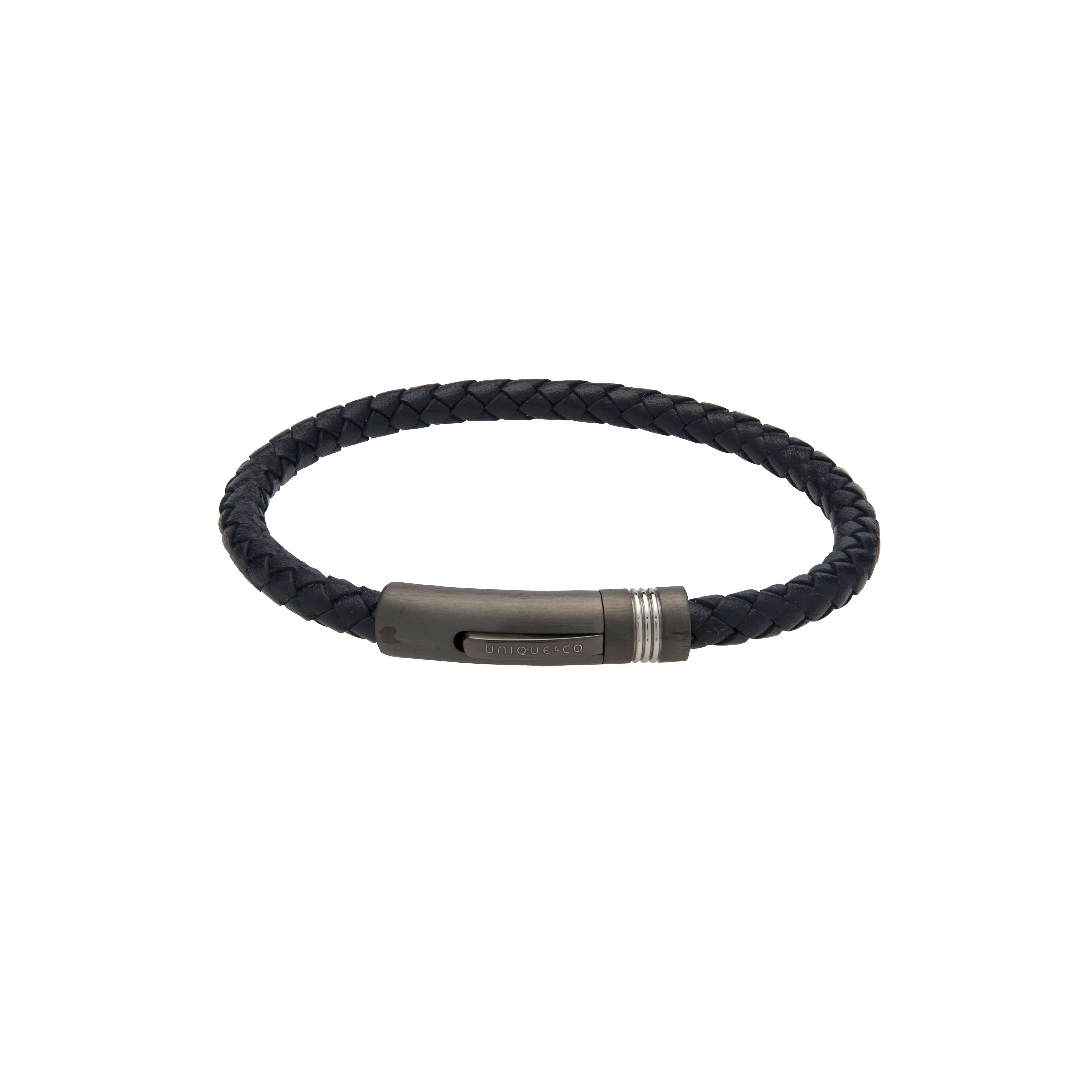 Navy Leather Bracelet, Steel Clasp with Gunmetal IP Plating