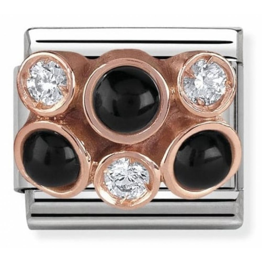 Classic Cluster with Black Agate In Stainless Steel, Stones, Zirconia & 9k Rose Gold Cluster Charm