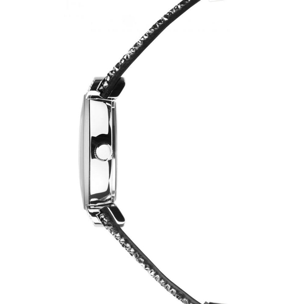 Rhodium Plated Stone Set Case With Grey Dial & Black Leather Strap With Crystals Ladies Watch