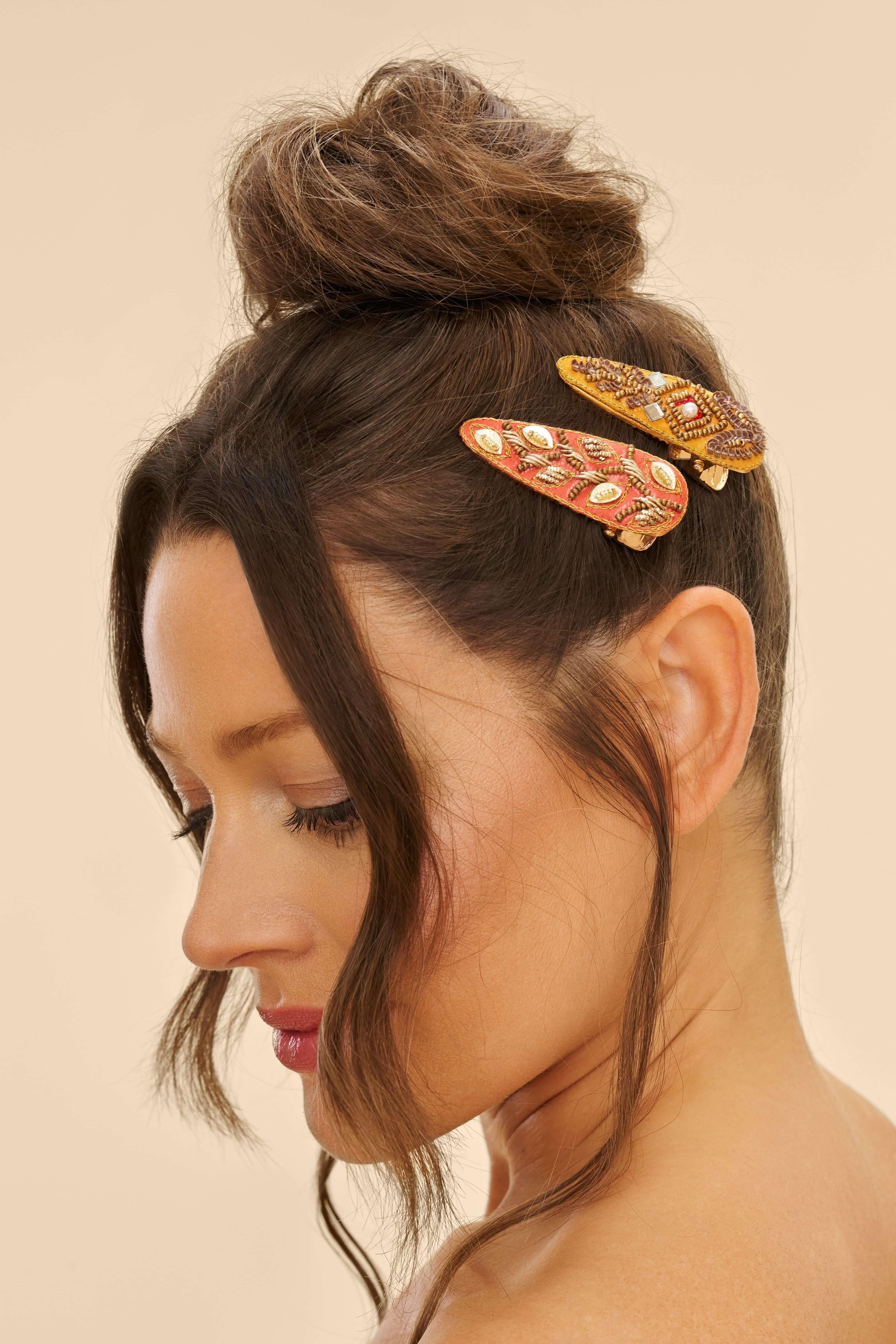 Jewelled Hair Clips (Set of 2) - Diamond and 60s Abstract, Mustard & Coral