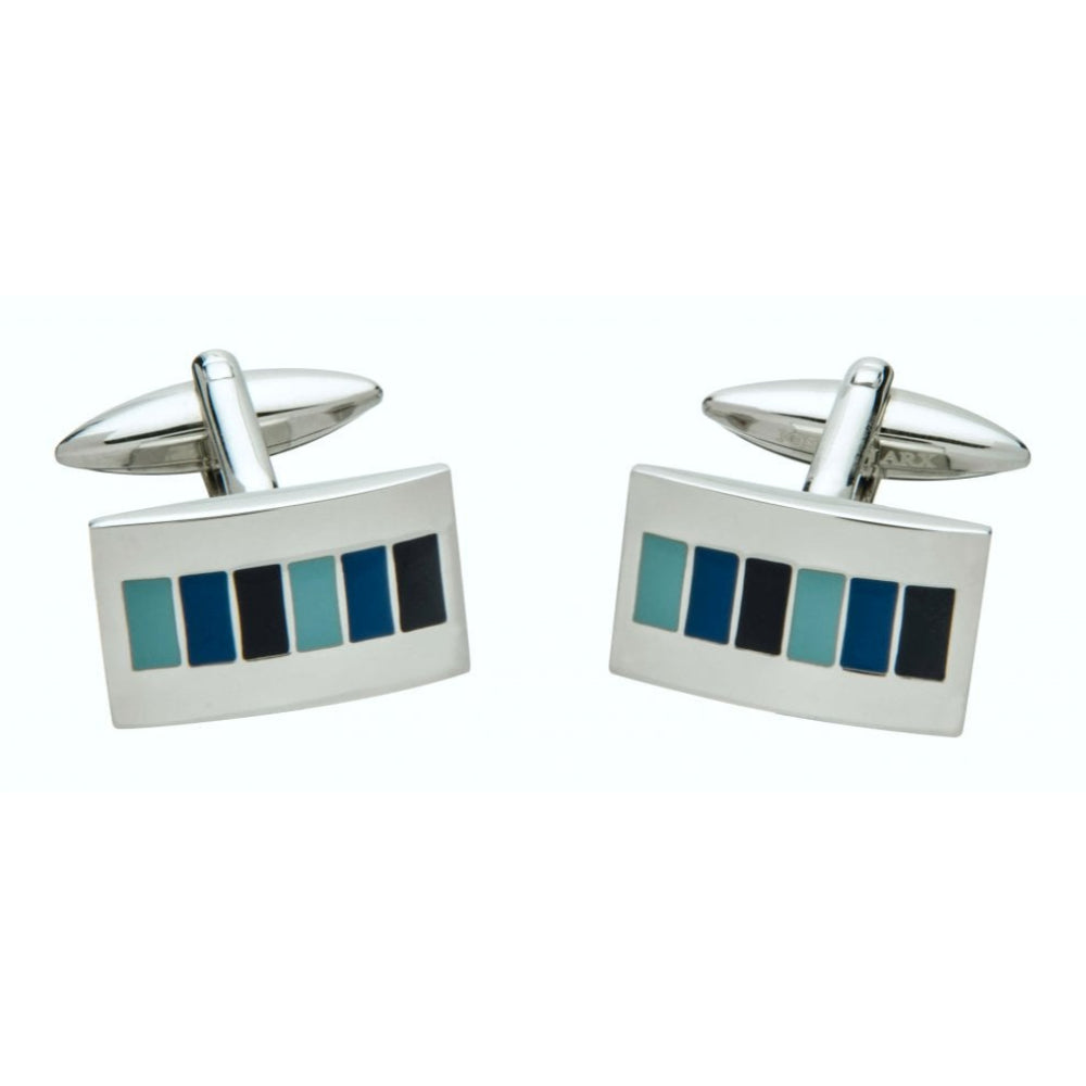 Brass Square Cufflinks With Striped Enamel Pattern In Blue & Black