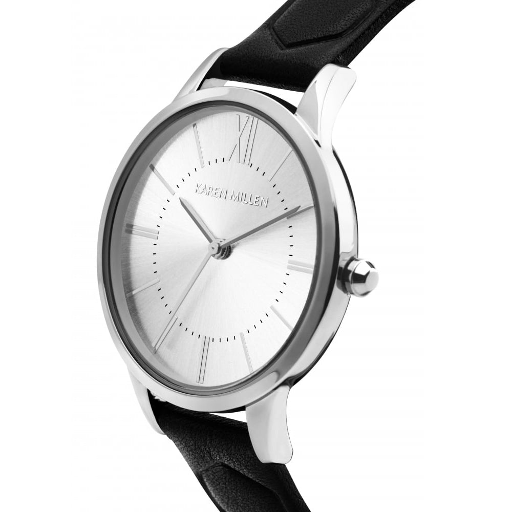Black Strap Watch With White Silver Sunray Dial