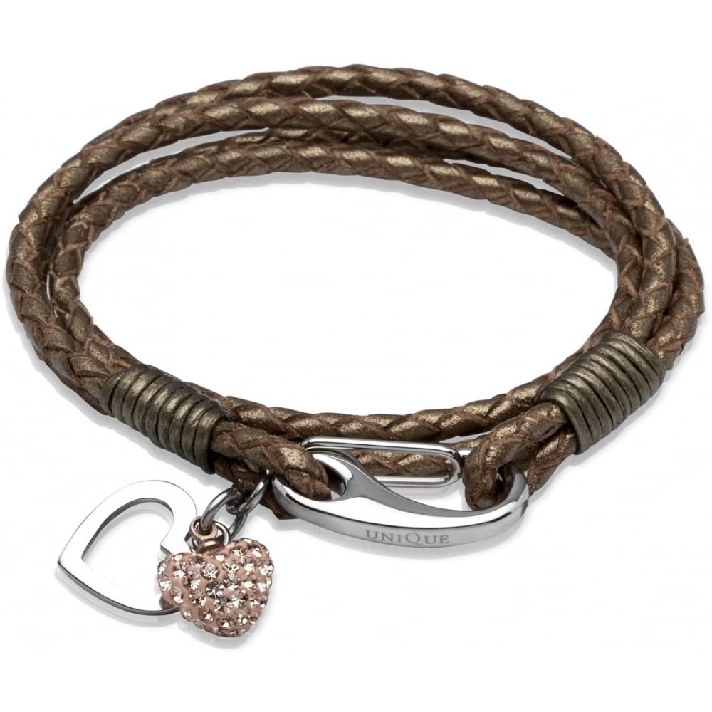 Bronze Leather Bracelet Steel Clasp Rose Crystal Heart