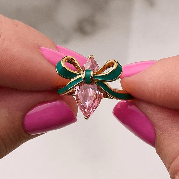 Amelia Bow Gold Ring In Emerald Green Enamel & Pink CZ
