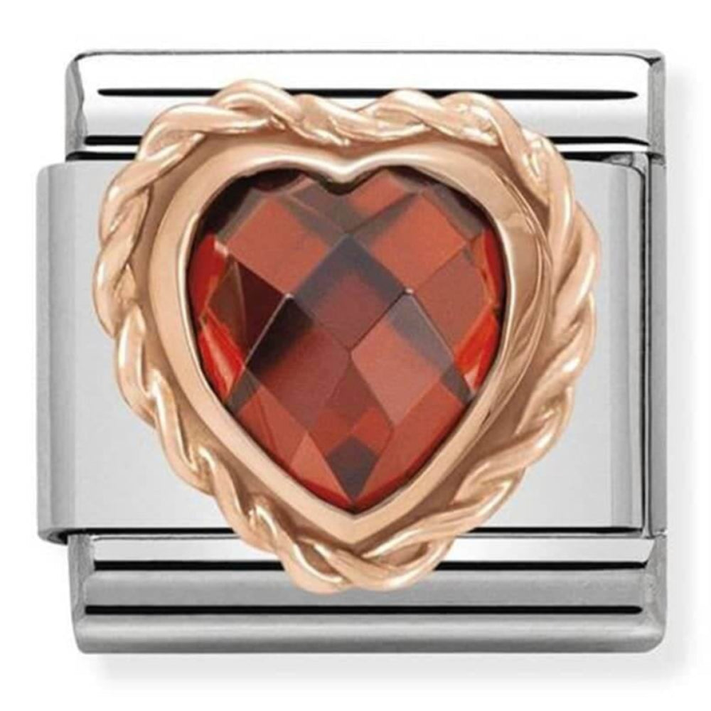 Classic Rose Gold Faceted Heart With Red CZ Stone & Stainless Steel Link