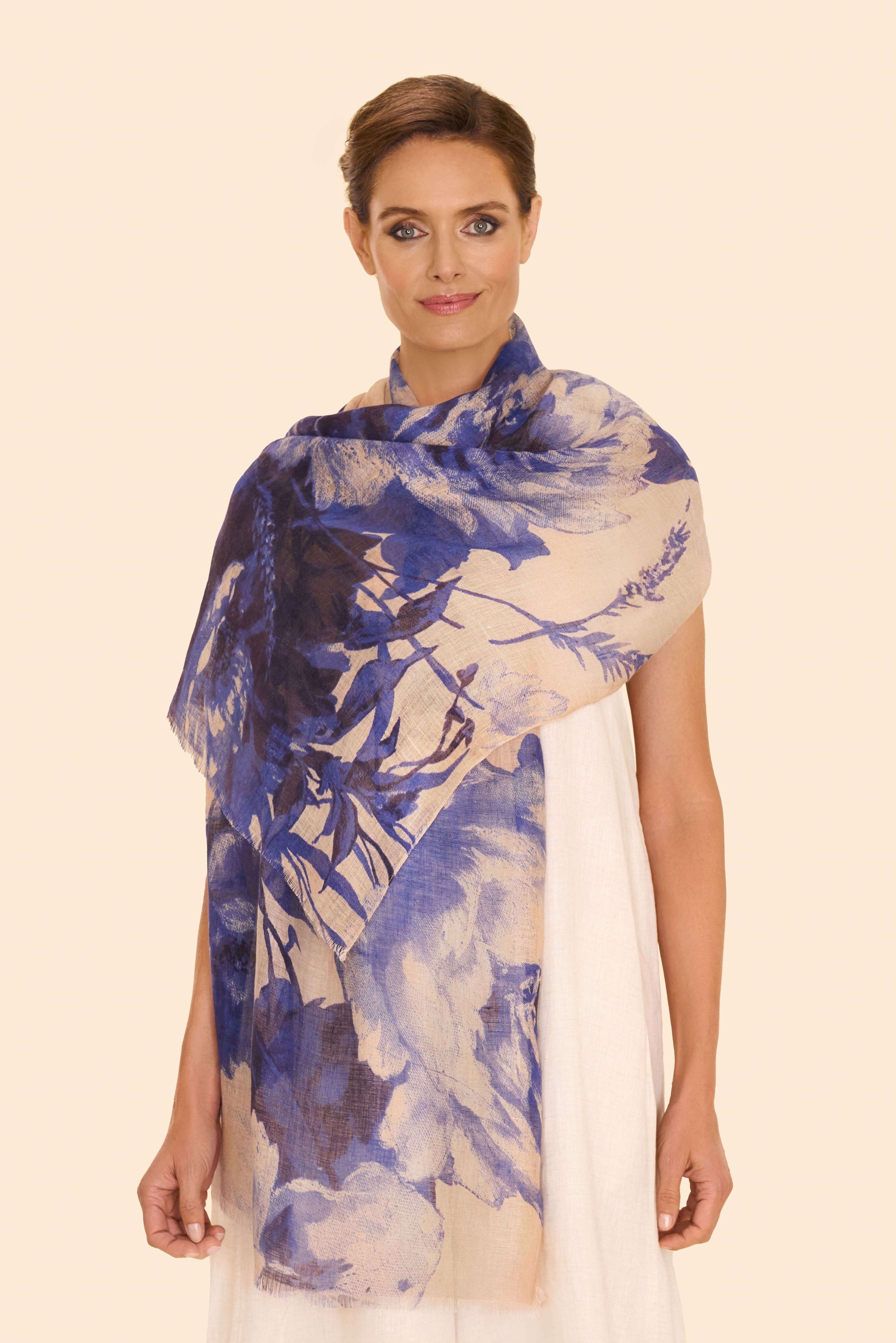 China Blue Blooms Linen/Cotton Scarf