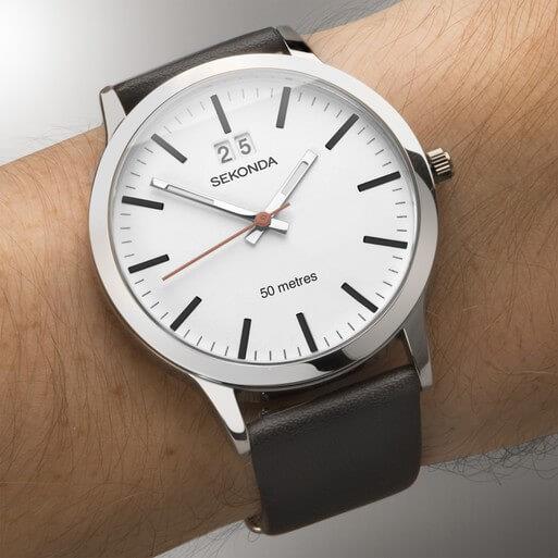 Silver Case with White Dial & Black Leather Strap Men's Nordic Watch