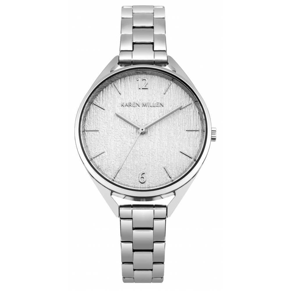 Polished Silver Stainless Steel Bracelet Watch With Light Silver Grain Dial