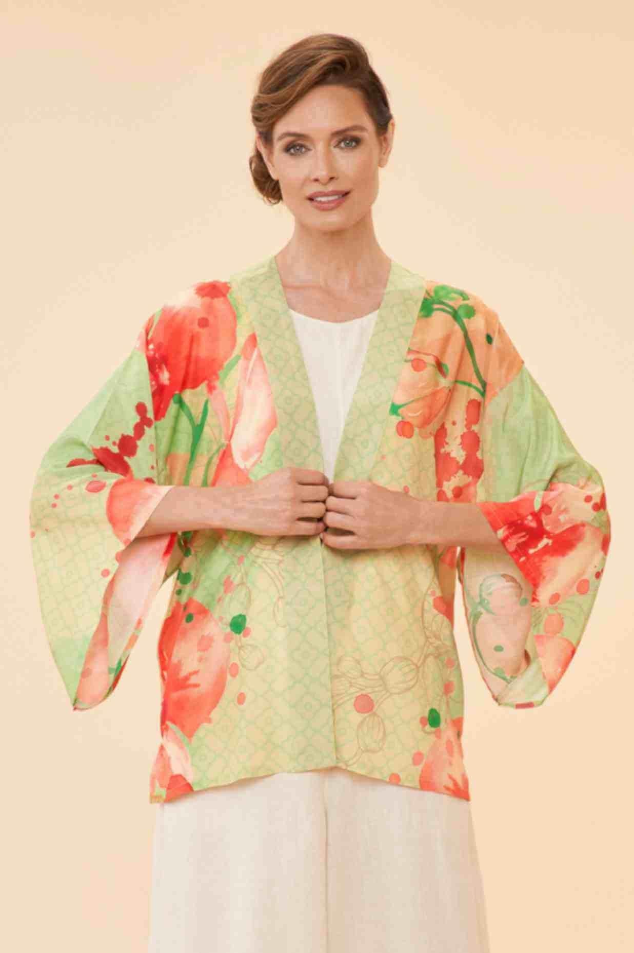 Watercolour Orchids Kimono Jacket - Green