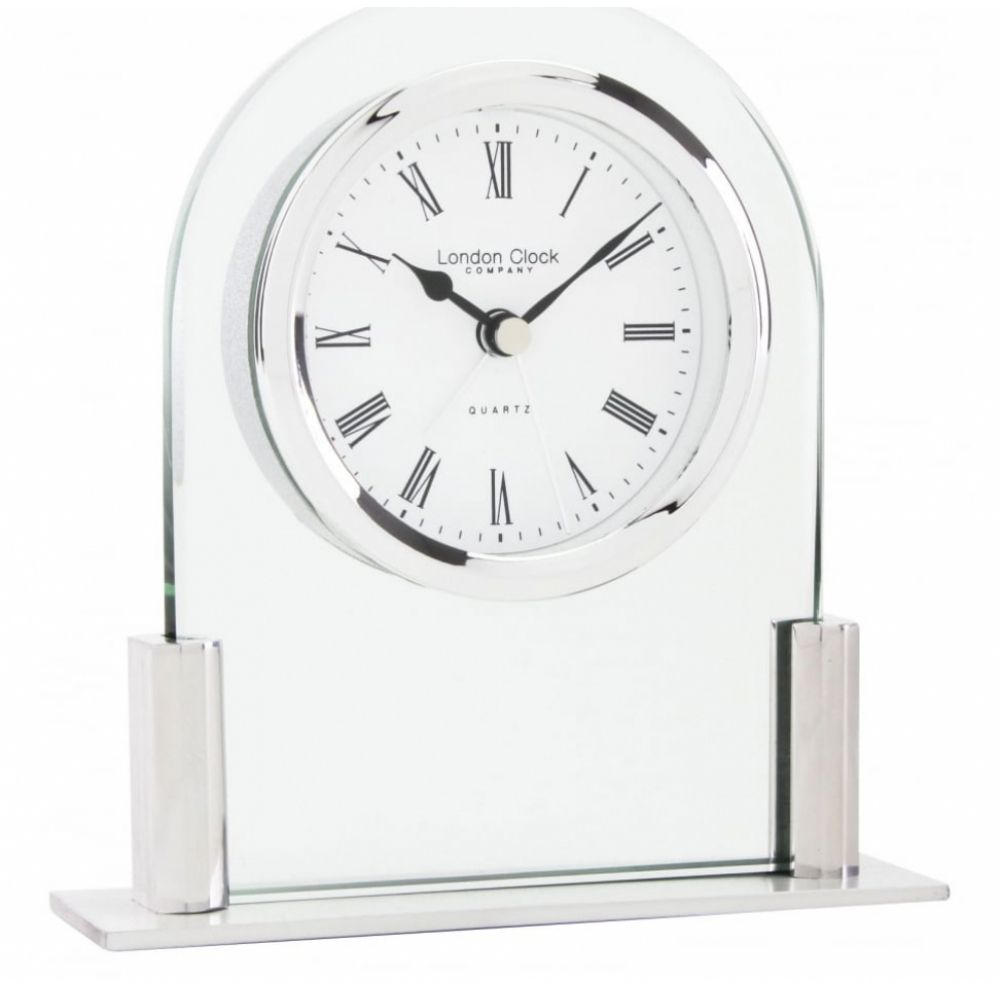 Glass Arch Top Mantel Silver Polished Clock