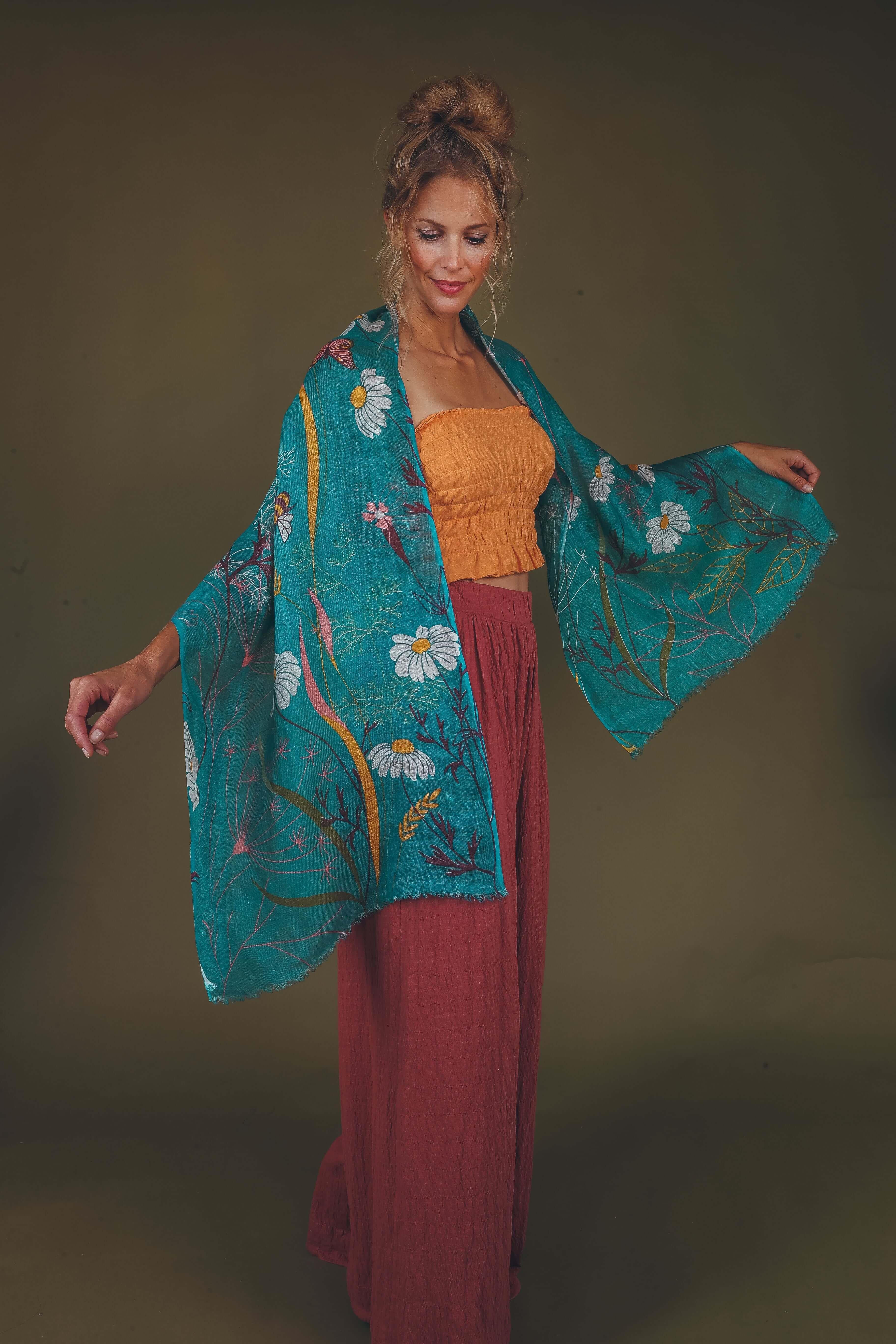 Summer Meadow Linen Print Scarf- Teal