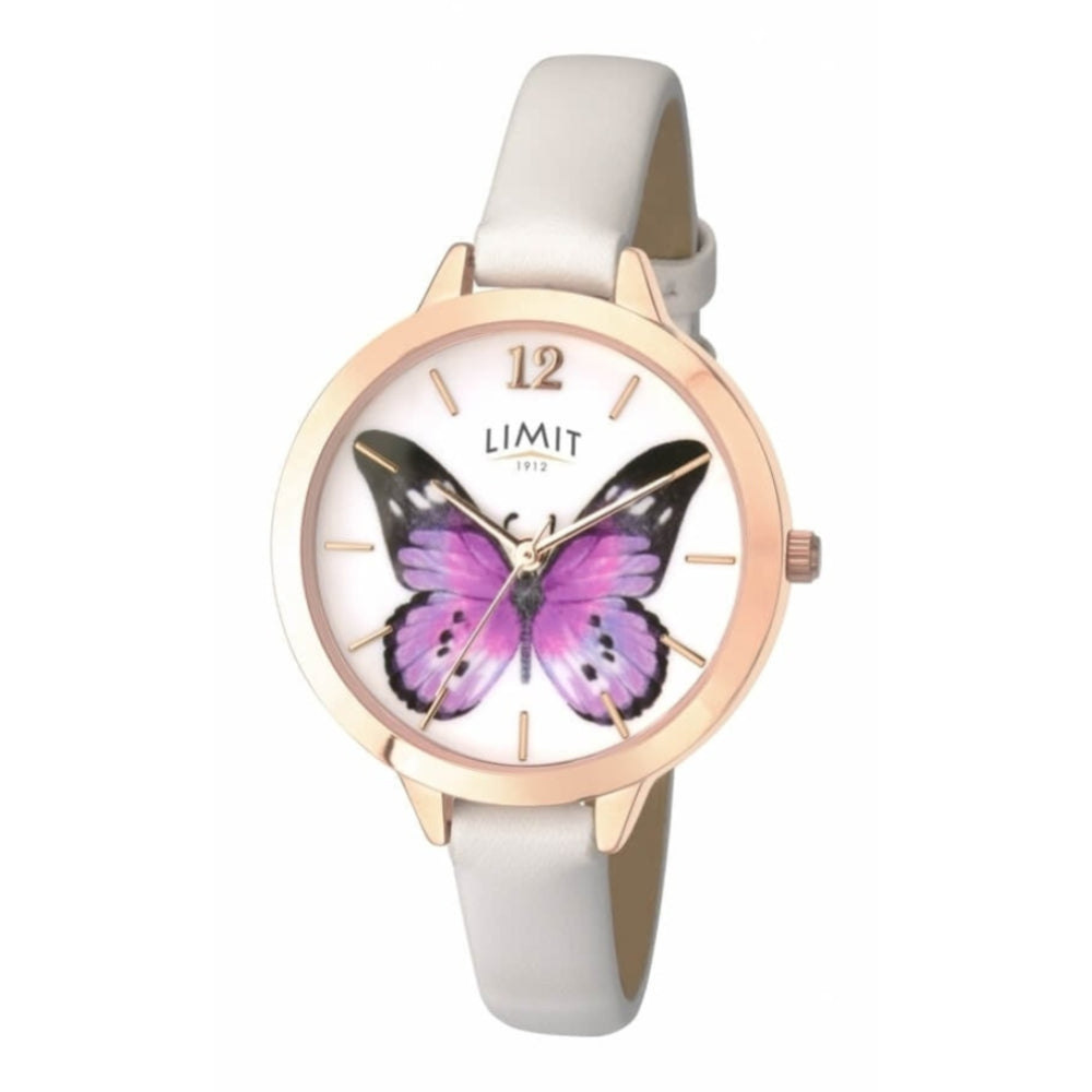 Rose Gold Tone Butterfly Print Dial & White PU Strap Ladies Watch