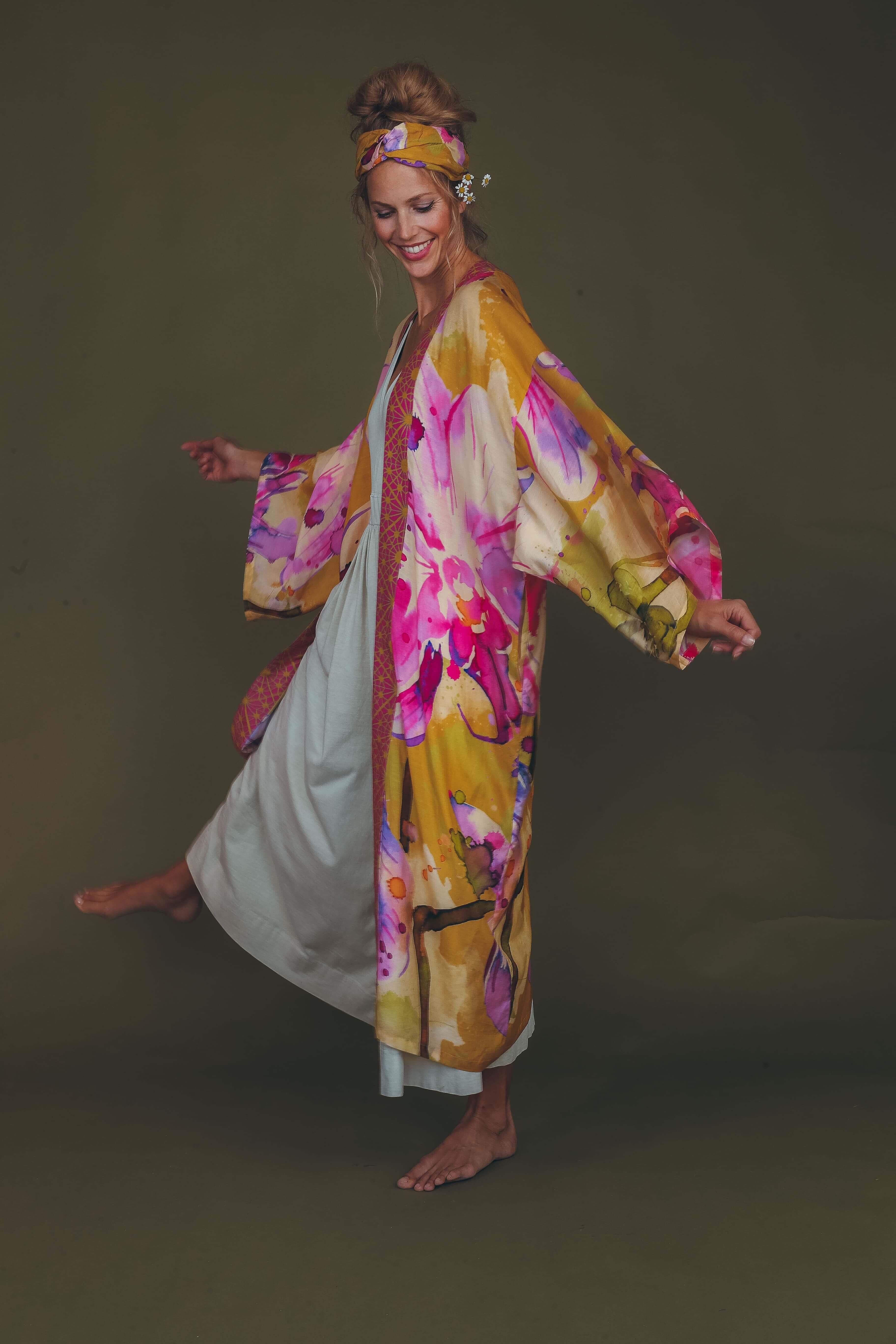 PRINTED KIMONO GOWN - Mustard Orchid