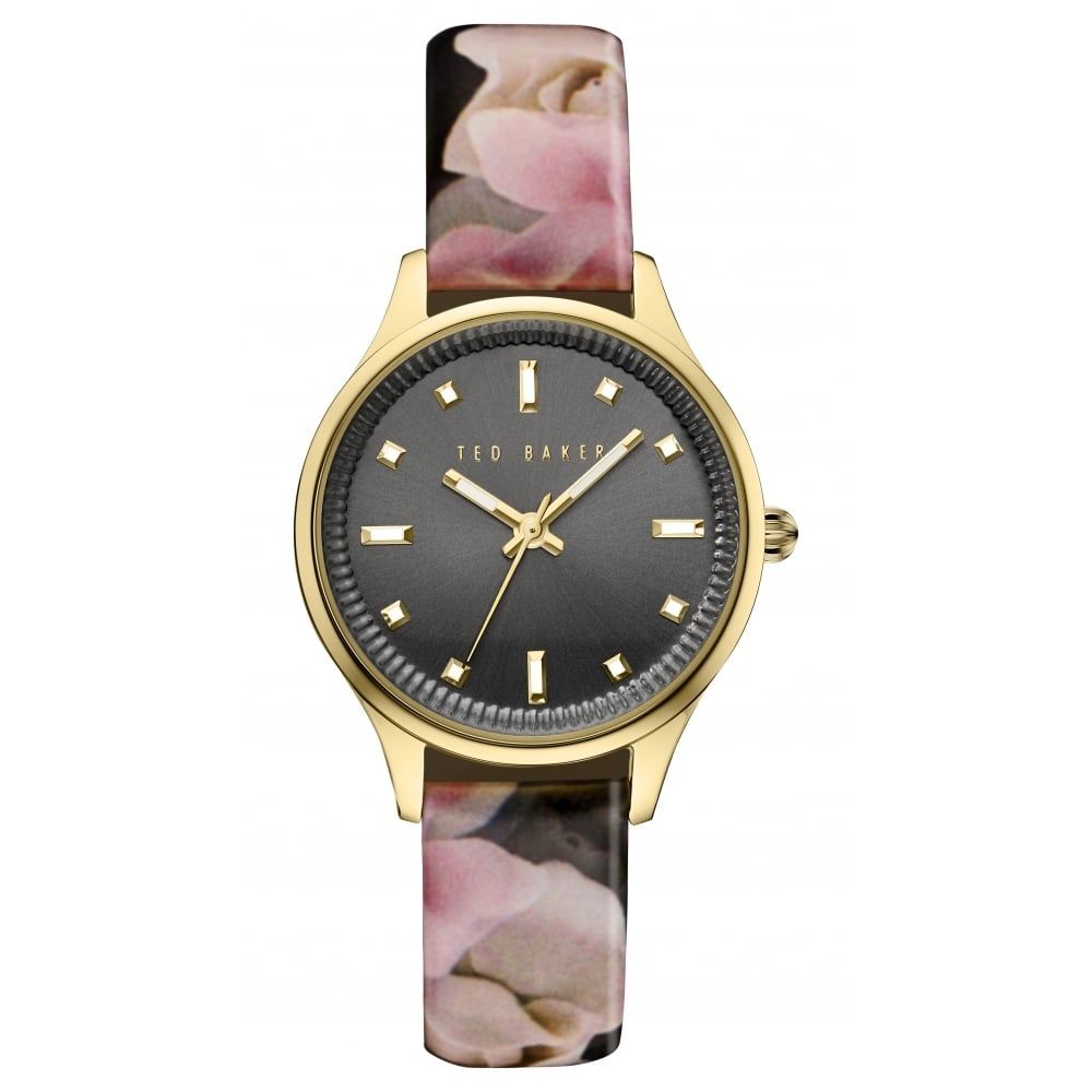 Pink Rose Floral Print Leather Black Face Gold Watch