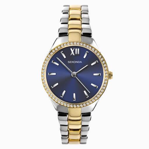 Two Tone Case & Bracelet with Stone Set Blue Dial Ladies Watch