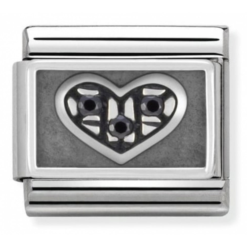 Classic Heart With Black CZ In Stainless Steel, Enamel, Cub. Zirc & Sterling Silver Charm