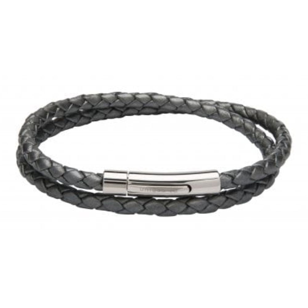 Silver Grey Leather Bracelet With Stainless Steel Clasp