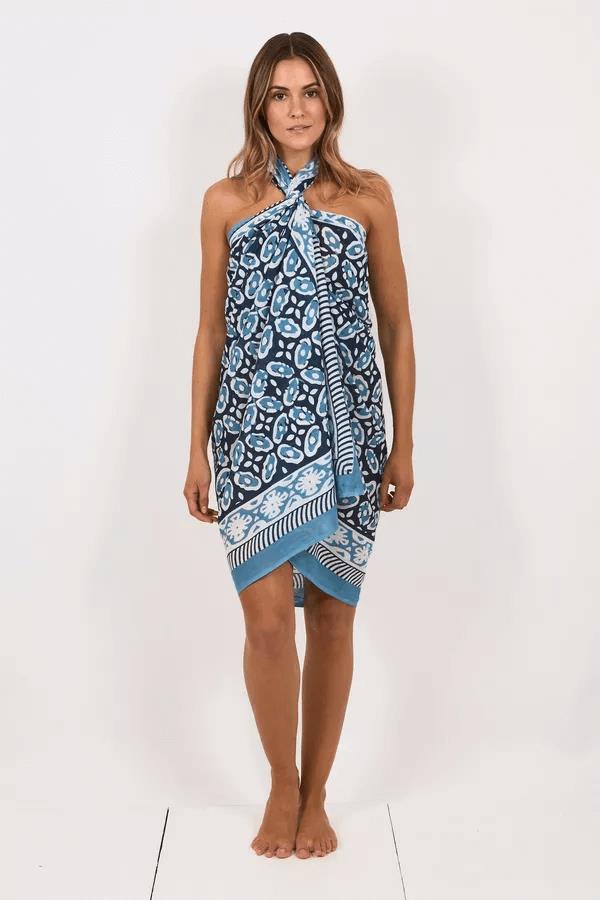 Hand Printed Cotton Sarong Flower Blue