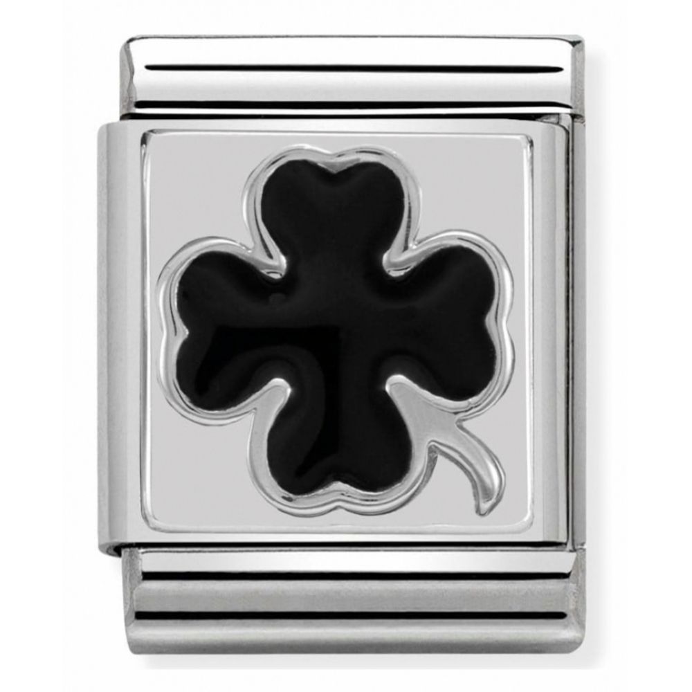 Four Leaf Clover Black Symbol Composable Stainless Steel, Enamel And Sterling Silver Big Charm