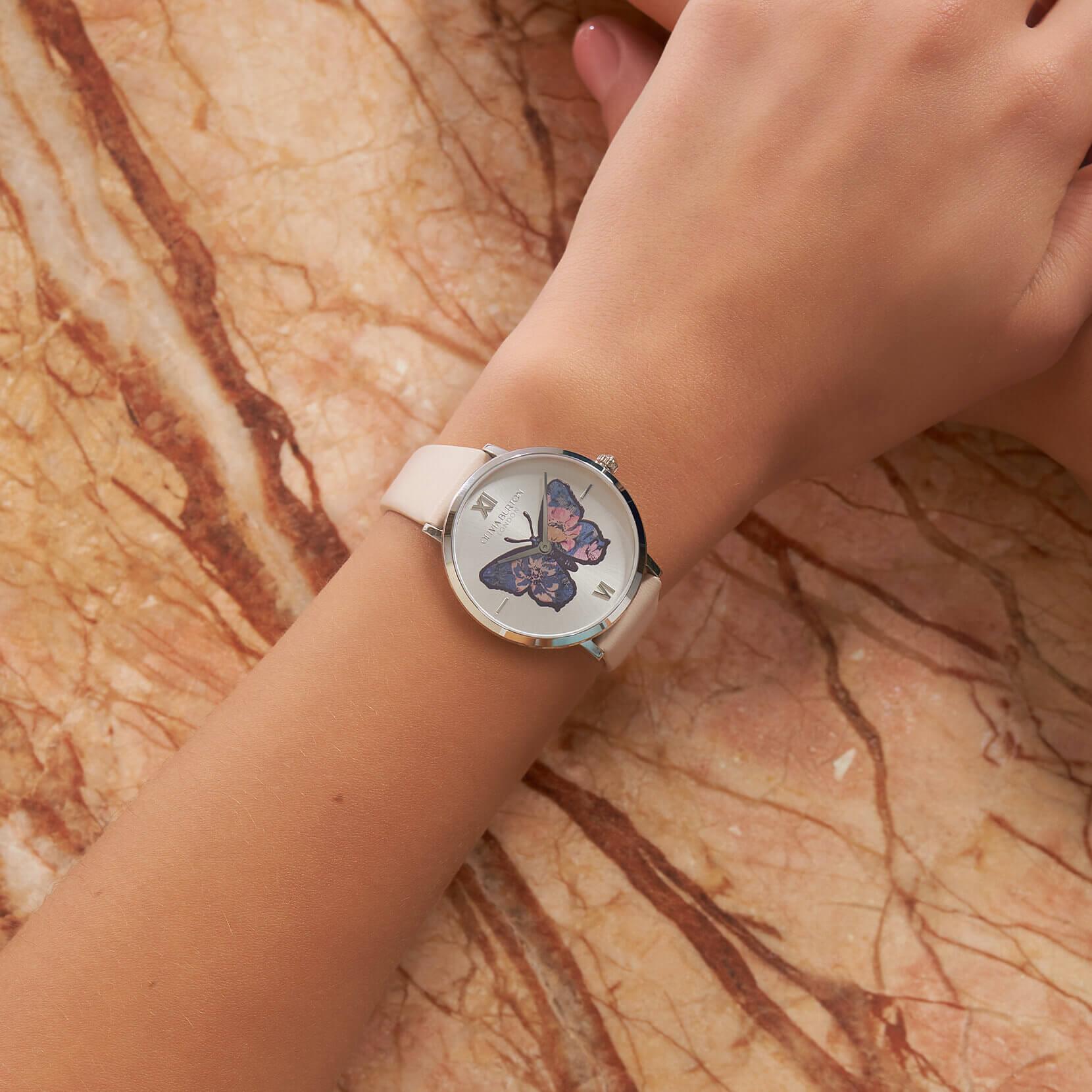 Butterfly Ultra Slim Silver Dial & Nude Leather Strap Watch