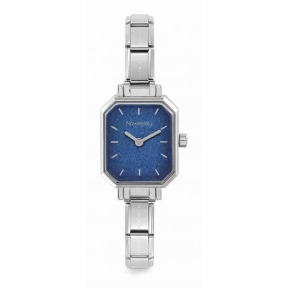Composable Steel Strap Rectangular Watch With Blue Glitter Dial