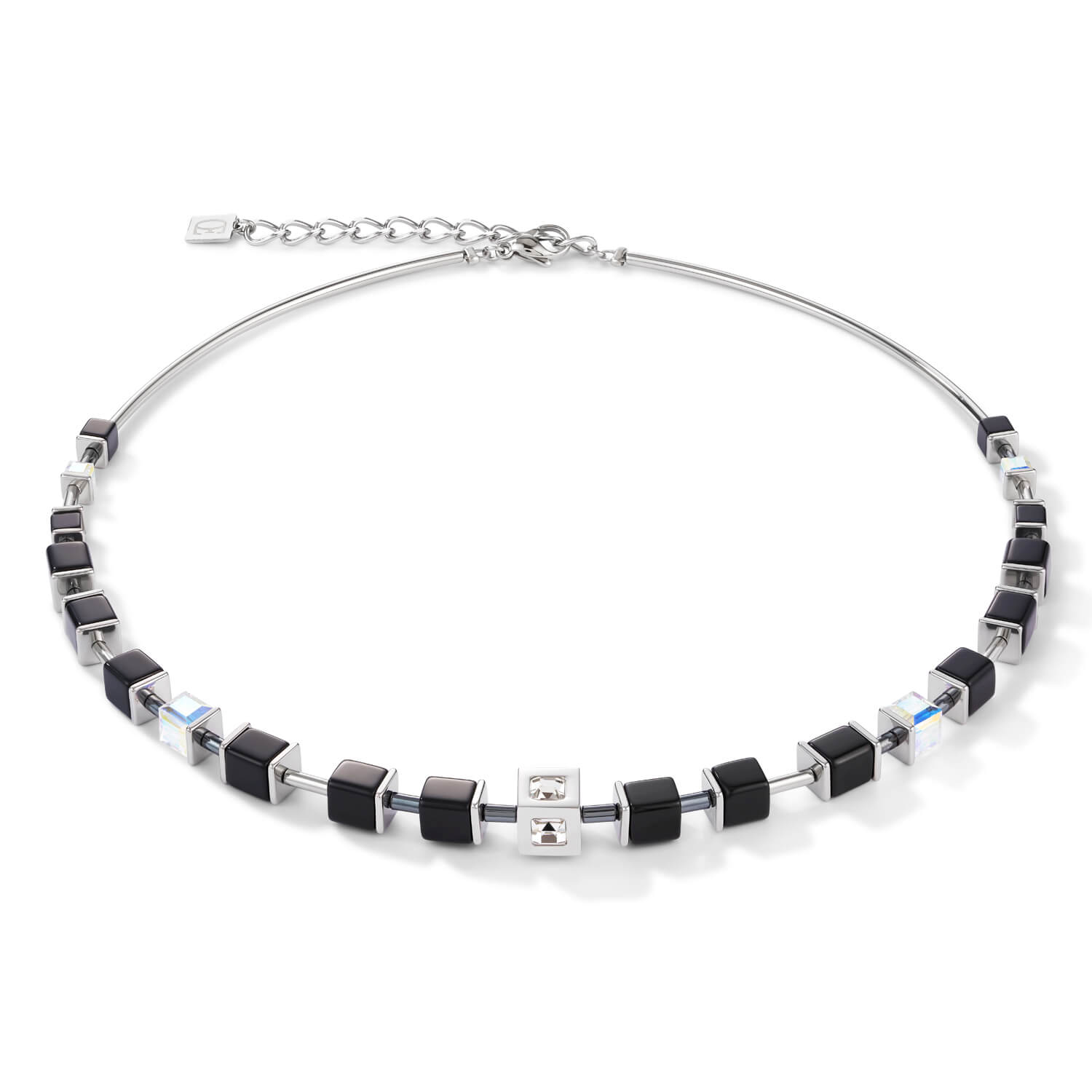 Stainless Steel & Crystal Black-Silver Geo Cube Necklace