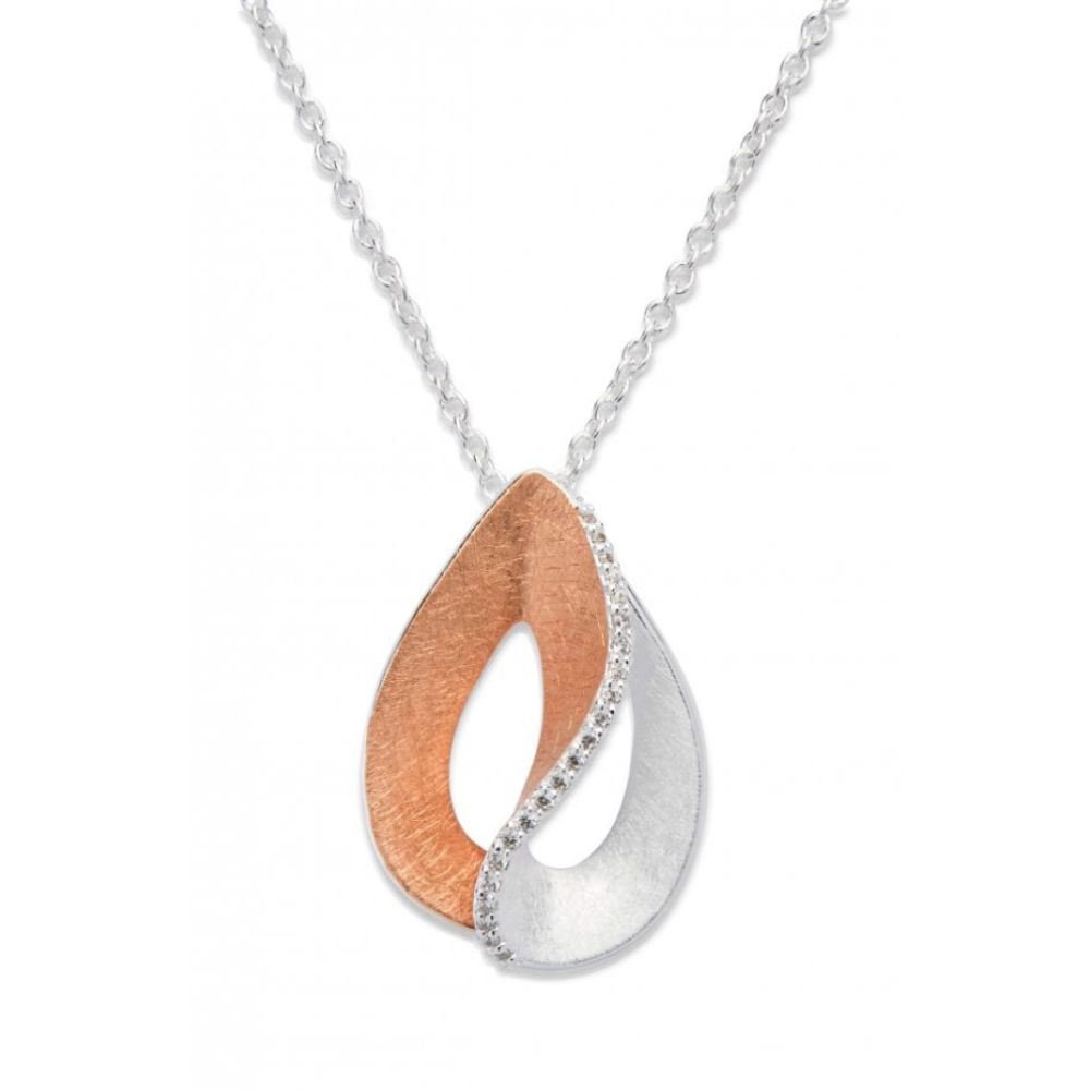 Silver 925 Oval Drop Pendant With Rose Gold Plating And Cz Incl. Chain