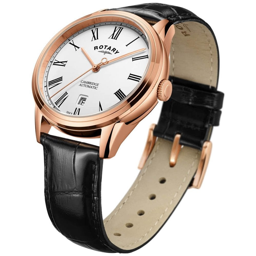 Rose Gold Tone Stainless Steel Case White Dial & Black Leather Strap Gents Cambridge Automatic Watch